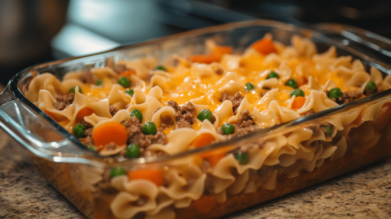 A rustic baking dish filled with golden-baked Amish Sunday Savior Casserole topped with melted cheddar and fresh herbs.