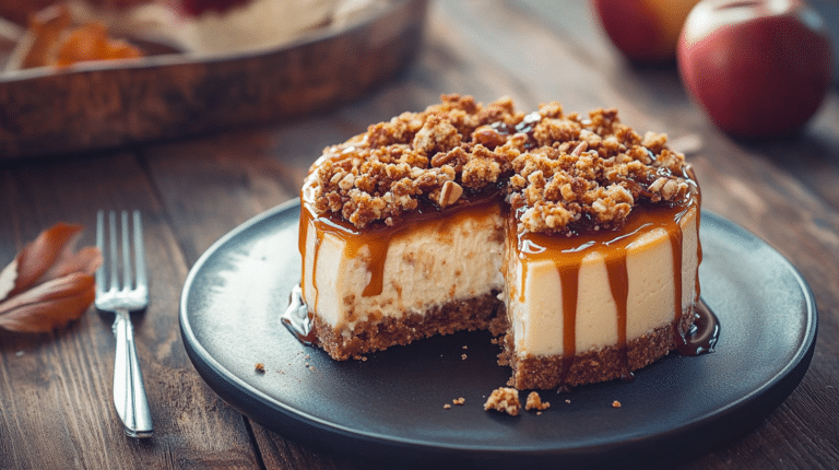 Apple Crisp Cheesecake with caramel drizzle and oat topping on a rustic table with fall decorations
