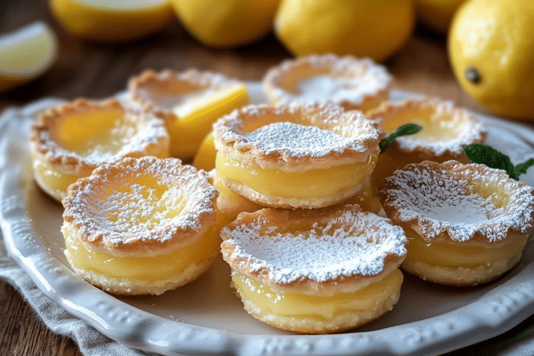Mini lemon impossible pies dusted with powdered sugar and garnished with lemon slices and mint on a rustic serving platter.