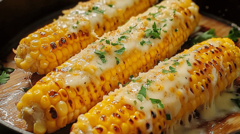 Golden grilled corn on the cob topped with garlic butter and Parmesan, styled on a rustic platter with fresh herbs