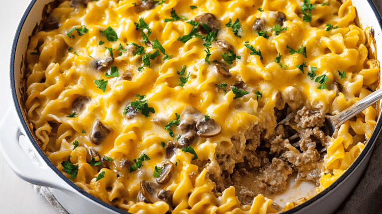 Baked cheesy ground beef stroganoff casserole with golden crust, served in a rustic white dish with a scoop showing creamy pasta inside