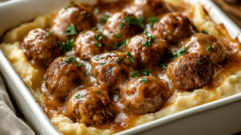 Golden meatball and mashed potato casserole baked with cheese in a white dish, served on a rustic table.