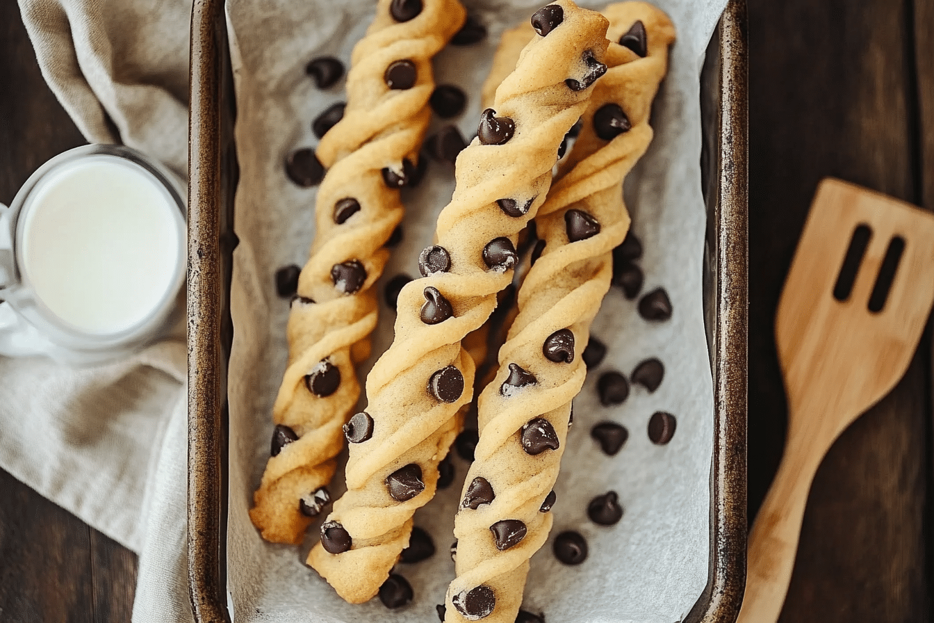 Golden puff pastry twists filled with chocolate chip cookie dough on a rustic tray with parchment