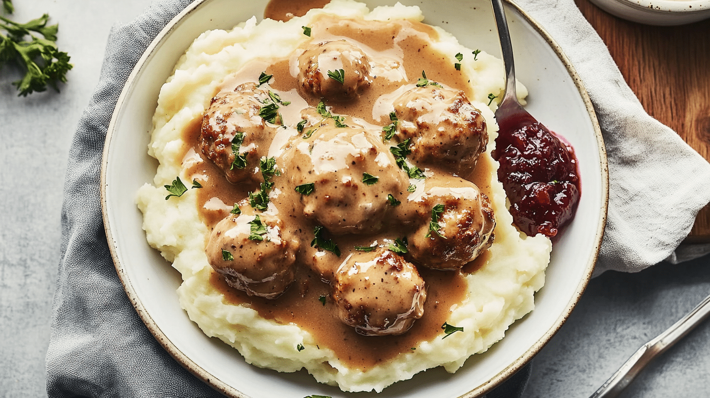 Swedish meatballs with creamy gravy and lingonberry jam on mashed potatoes.