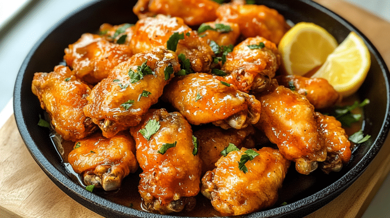 Golden cowboy butter chicken wings stacked high on a rustic table with melted butter glistening and fresh parsley sprinkled on top.