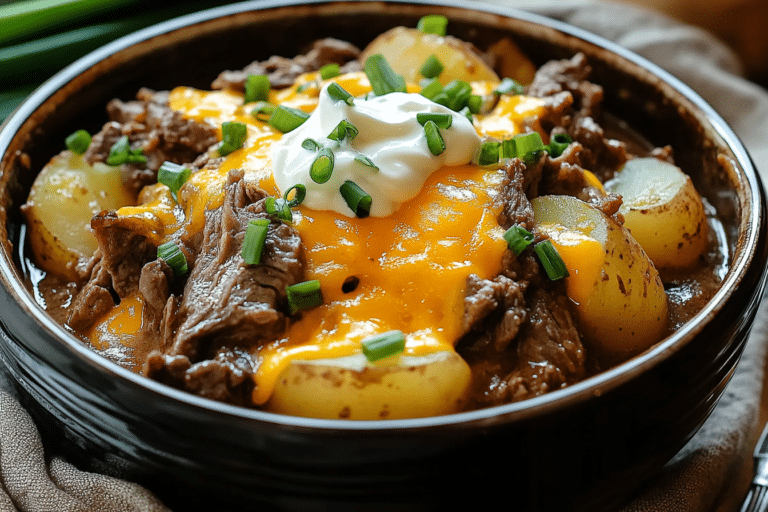 Crockpot Loaded Steak and Potato Bake in a rustic bowl topped with cheese, bacon, and sour cream on a wooden table.