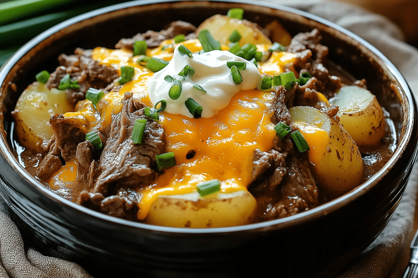Crockpot Loaded Steak and Potato Bake in a rustic bowl topped with cheese, bacon, and sour cream on a wooden table.