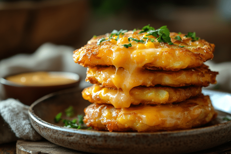 A warm-toned plate of crispy cheddar corn potato fritters stacked high with melted cheese and corn visible, garnished with herbs.