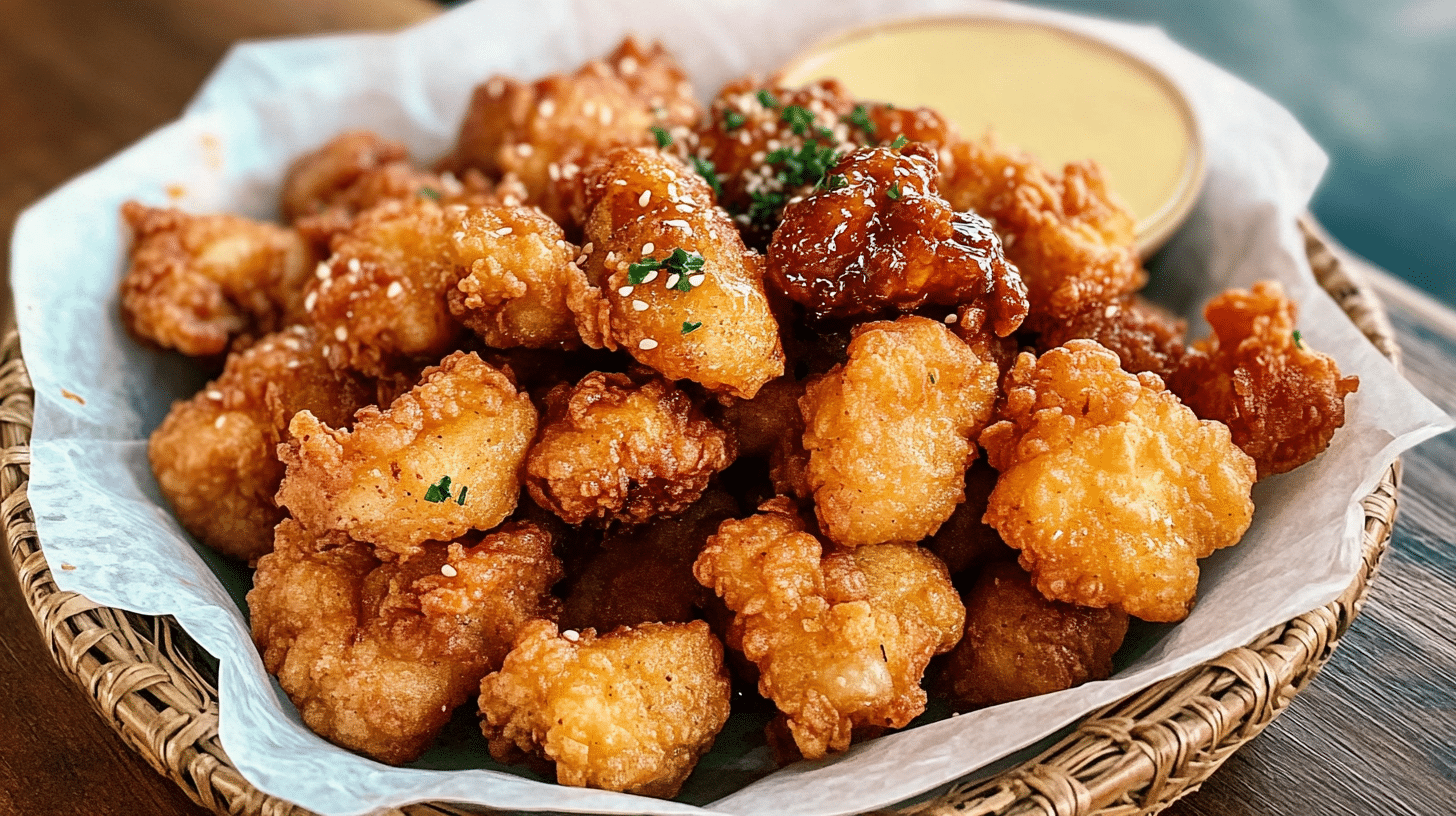 Crispy golden fried chicken bites in a rustic basket lined with parchment paper, sprinkled with parsley, set on a wooden farmhouse table.