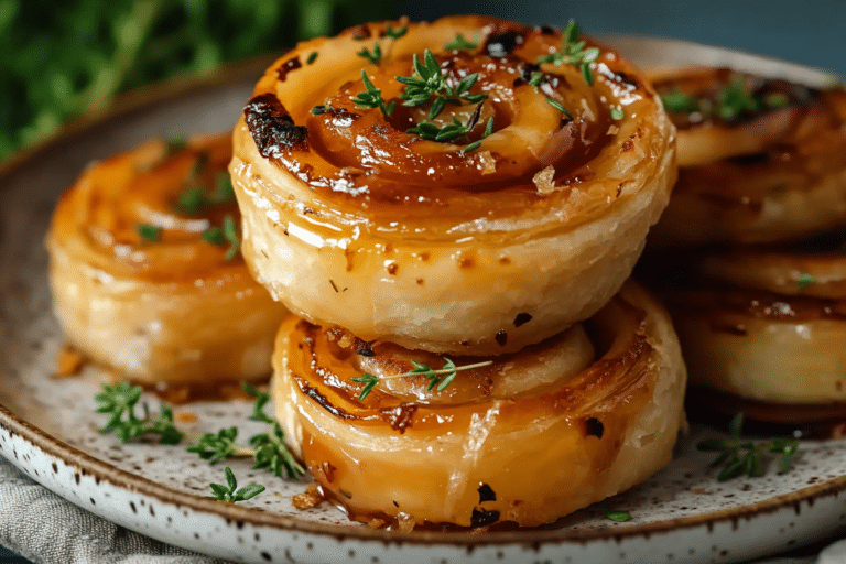 Golden brown pepper jelly pinwheels on a rustic plate with herbs and melted cheese, styled in a cozy kitchen