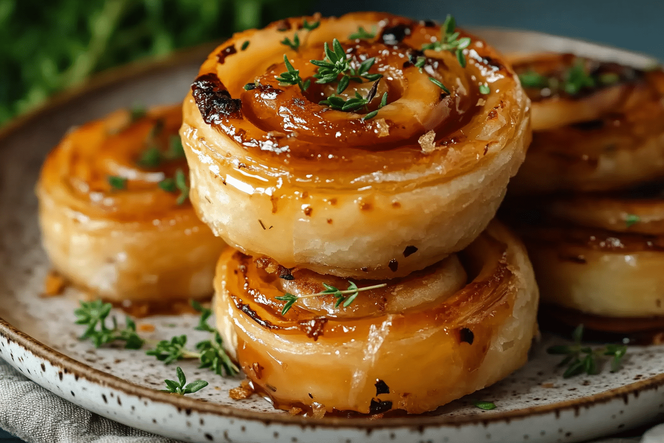 Golden brown pepper jelly pinwheels on a rustic plate with herbs and melted cheese, styled in a cozy kitchen