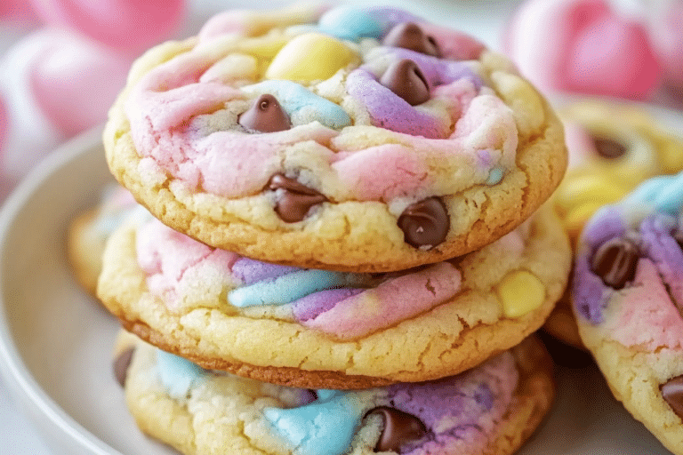 Stacked Easter chocolate chip cookies with pastel swirls and melty chocolate chips on a white plate with spring flowers.