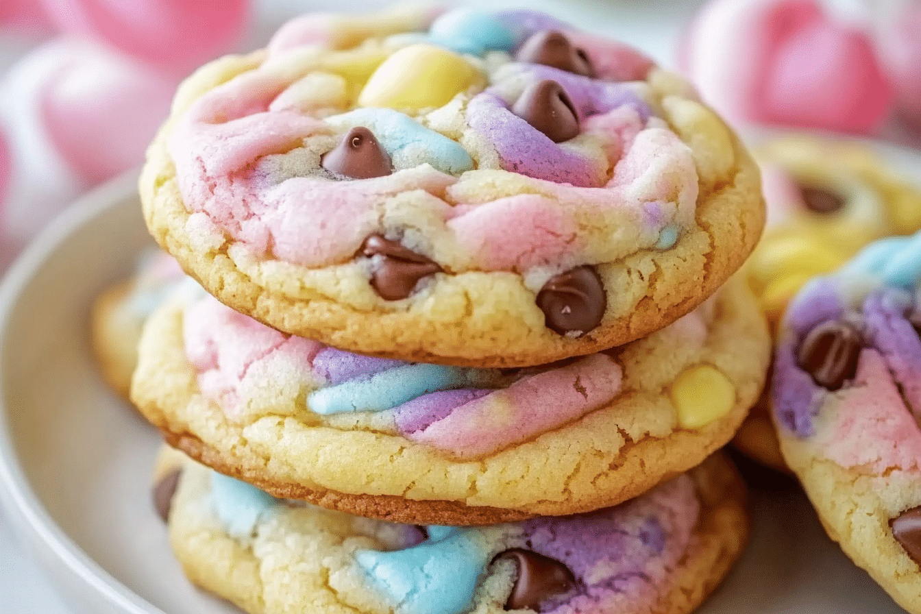 Stacked Easter chocolate chip cookies with pastel swirls and melty chocolate chips on a white plate with spring flowers.