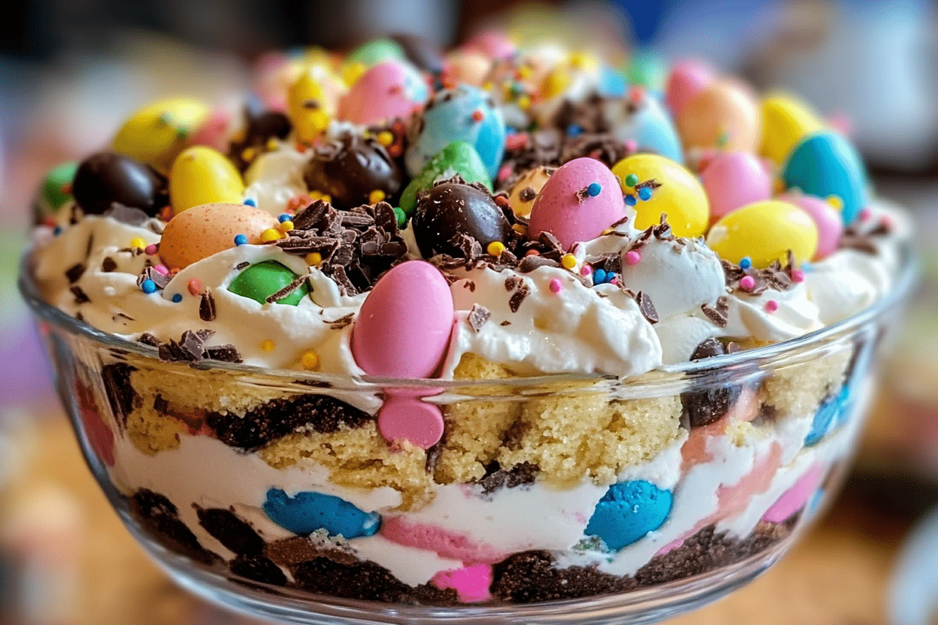 Easter dirt cake casserole in a white dish with pastel candy eggs and green coconut grass on top