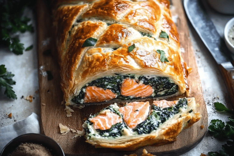 Sliced salmon wellington on a rustic plate showing layers of flaky pastry, pink salmon, and creamy spinach.