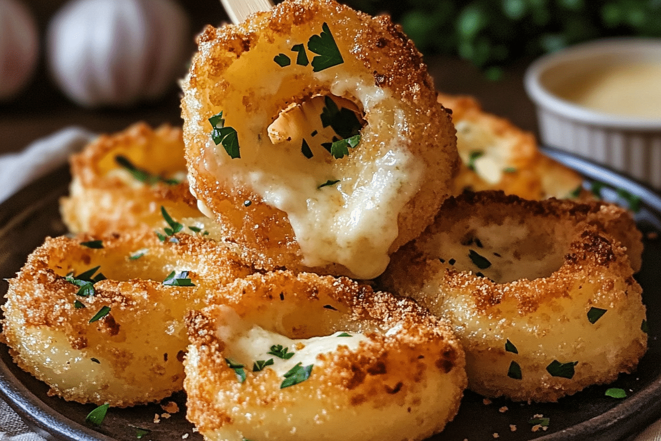 Crispy mozzarella-stuffed onion rings with garlic butter and parsley on a rustic serving platter.