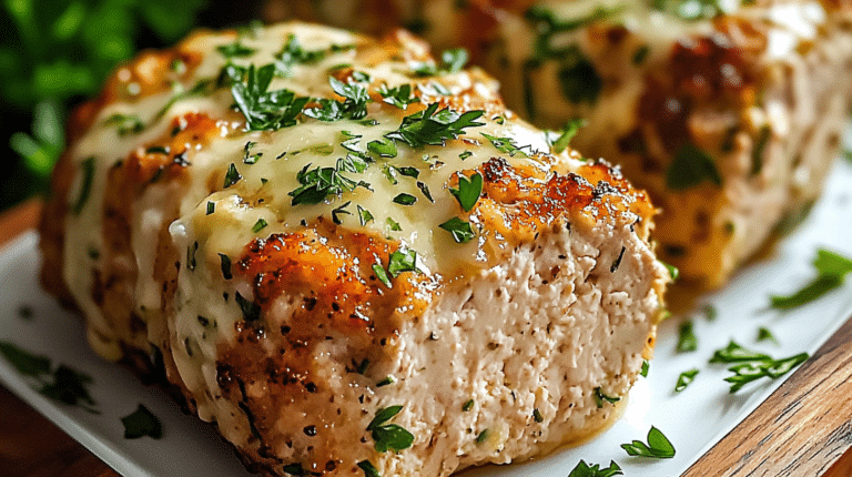 Garlic Parmesan Chicken Meatloaf sliced and served on a white plate with fresh herbs.