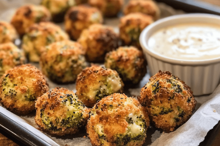 Golden baked broccoli cheese balls on a tray with dipping sauce and cozy kitchen lighting