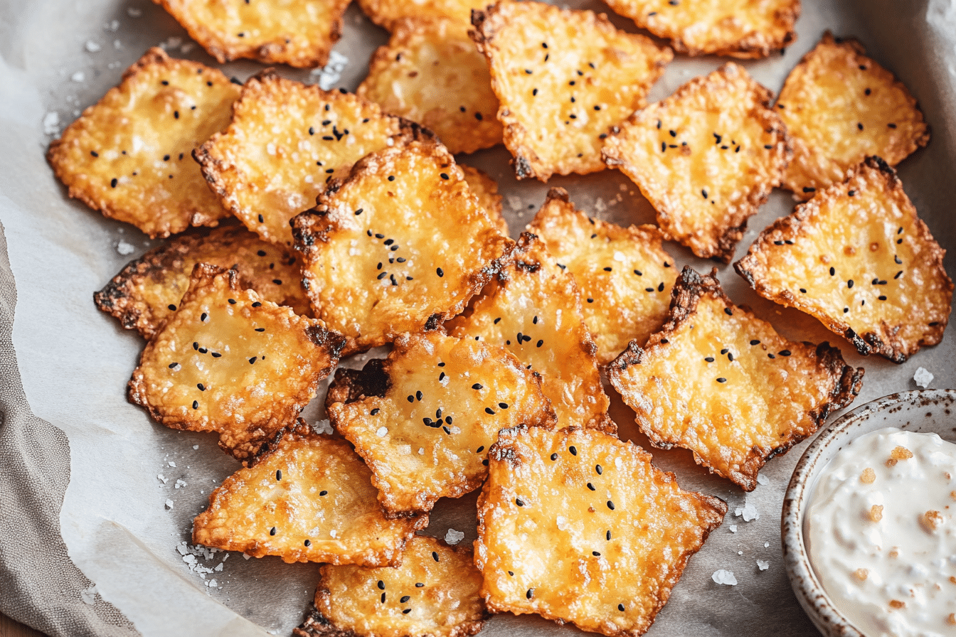 Golden baked cottage cheese chips on parchment paper, styled in a cozy kitchen with rustic elements and warm light
