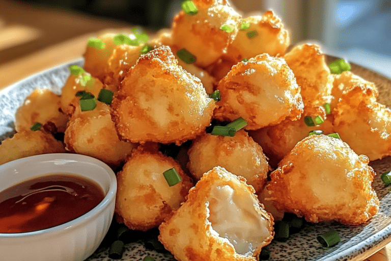 Golden crab rangoon bombs on a rustic plate with dipping sauce and green onion garnish, warm cozy kitchen setting.