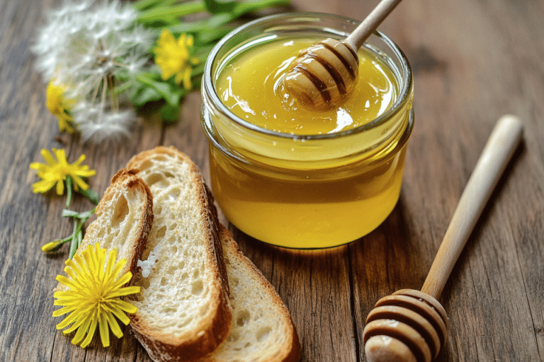 Dandelion honey butter in a ramekin with golden swirls and petals, styled with toast and vintage cutlery on a rustic table.