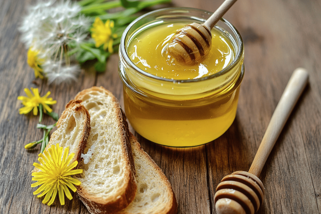 Dandelion honey butter in a ramekin with golden swirls and petals, styled with toast and vintage cutlery on a rustic table.