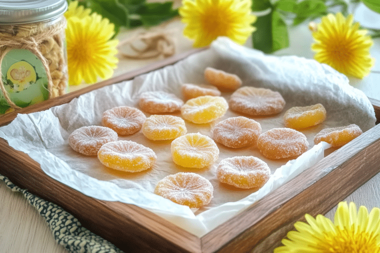 Golden dandelion candies with floral petals on parchment paper, surrounded by fresh dandelions in warm rustic setting.