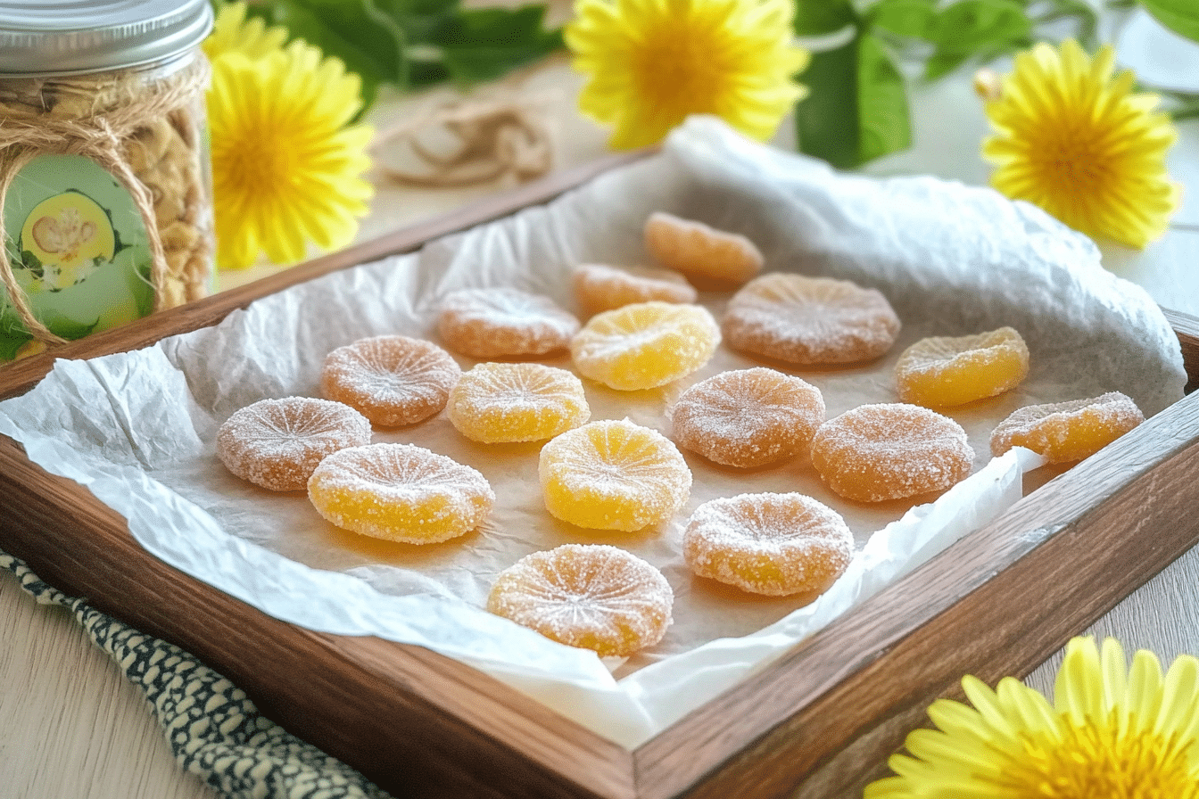 Golden dandelion candies with floral petals on parchment paper, surrounded by fresh dandelions in warm rustic setting.