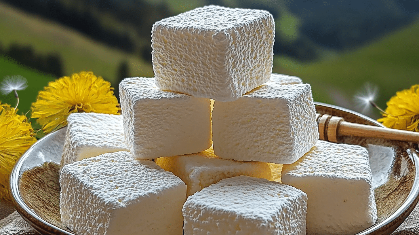 Fluffy dandelion and honey marshmallows stacked on a plate with powdered sugar and wildflowers.