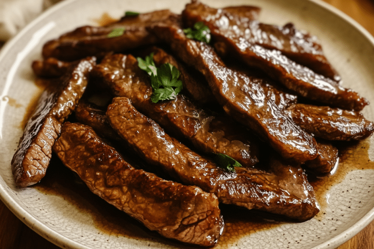 Honey glazed steak strips on a rustic plate with caramelized edges, topped with fresh parsley and warm lighting.