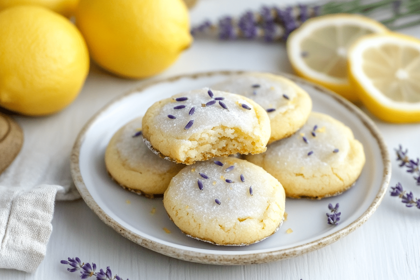 Golden-edged lemon lavender cookies on a rustic plate with lemon slices and dried lavender, styled for a spring tea table.
