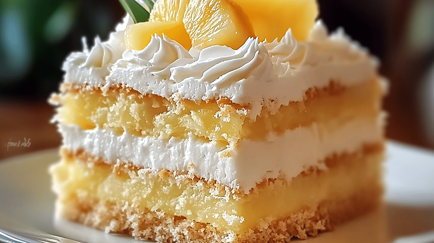 A slice of Pineapple Coconut Dream Cake on a white plate with whipped topping and coconut flakes, styled in natural light on a wooden table.