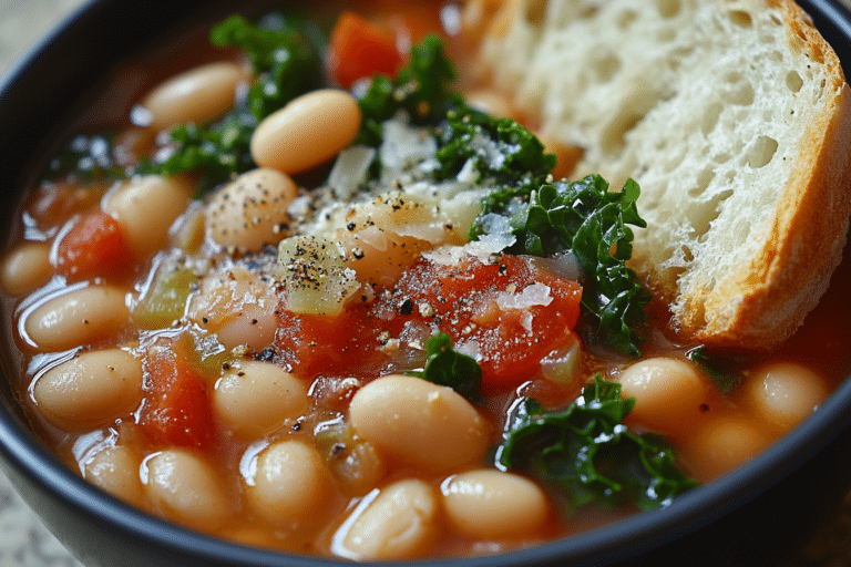Hero image of Mediterranean white beans and greens in a skillet with fresh herbs and lemon