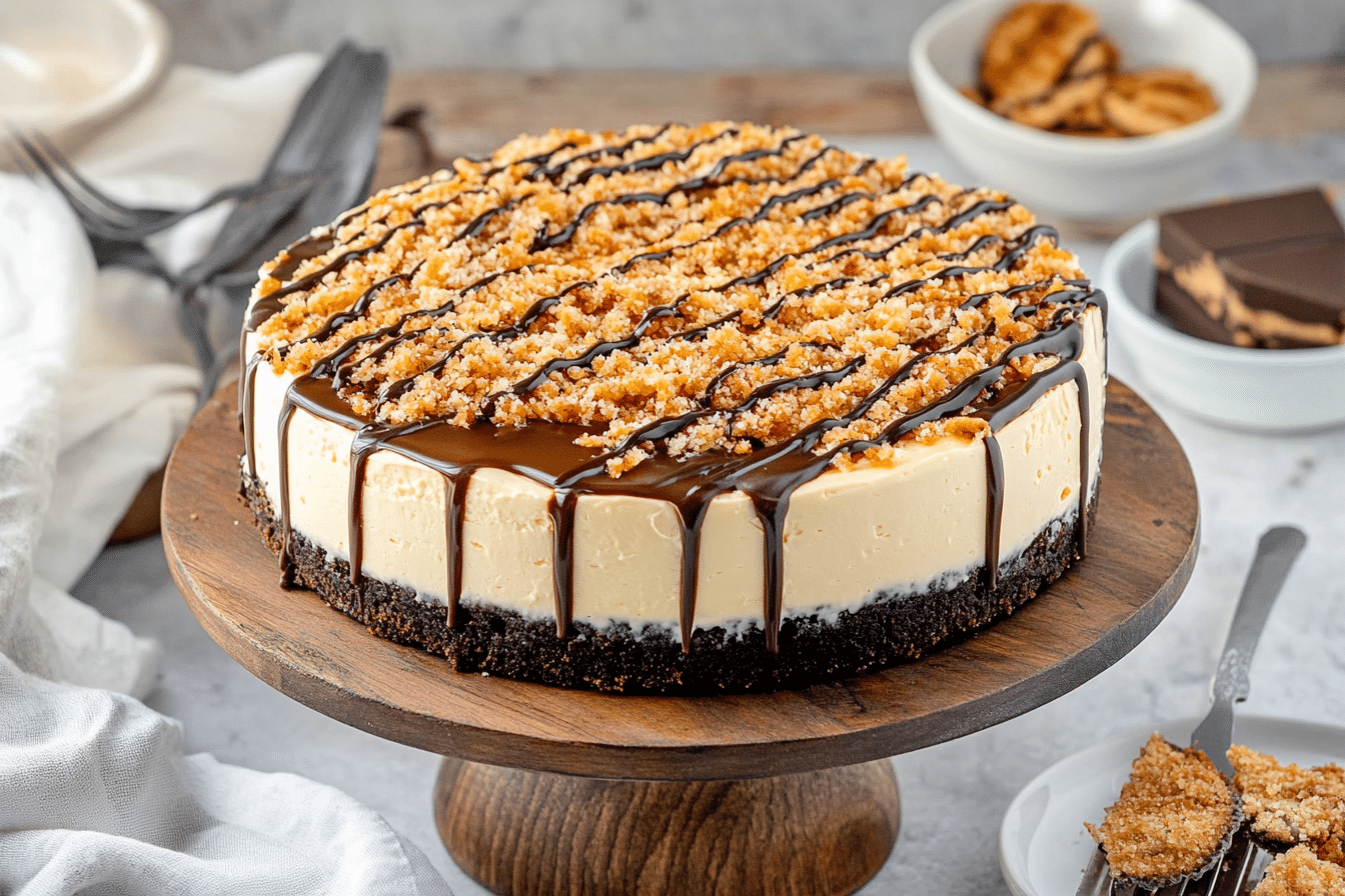 Samoa Cheesecake on a wooden cake stand, topped with caramel, toasted coconut, and chocolate drizzle in a cozy kitchen.