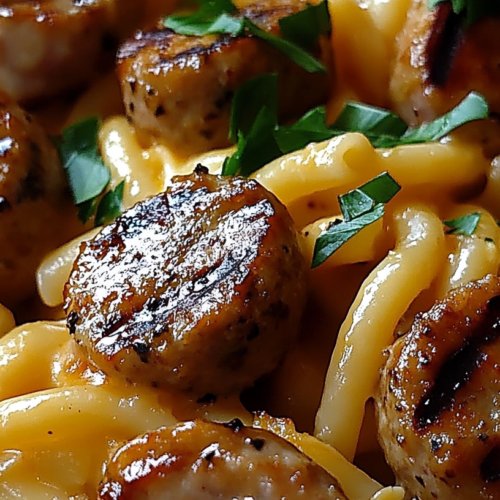 Skillet of smoky cheddar ranch chicken and beef sausage pasta with creamy sauce and green onions.