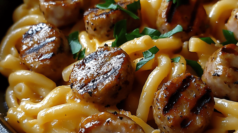 Skillet of smoky cheddar ranch chicken and beef sausage pasta with creamy sauce and green onions.