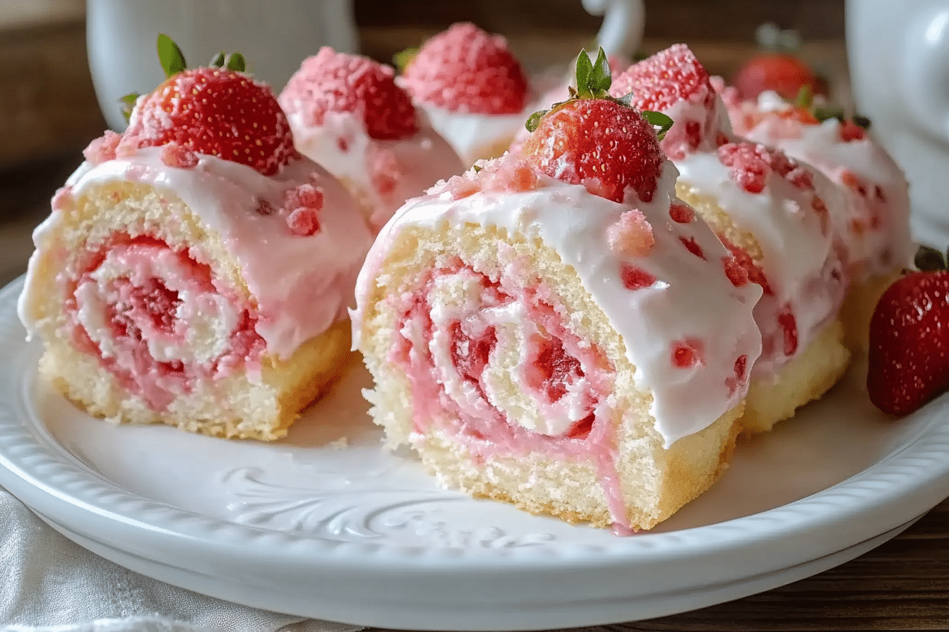 Golden baked strawberry cheesecake rolls with pink glaze and fresh berries on a white cake stand