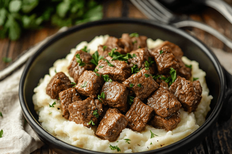 Rustic bowl of garlic butter Crockpot steak bites over mashed potatoes with parsley garnish on a wooden table.