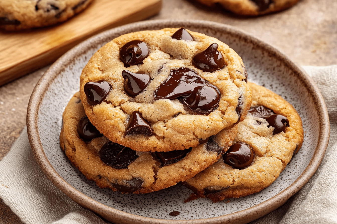 Stack of vegan chocolate chip cookies with melted chocolate chips on a rustic plate in warm natural light