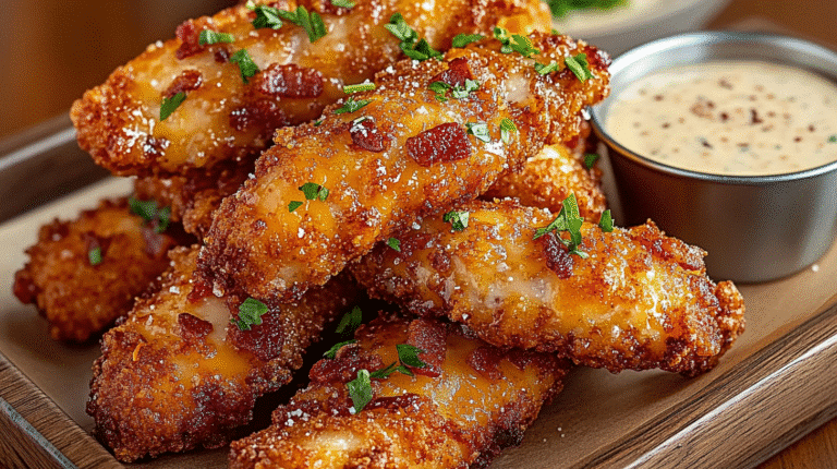 Crispy Crack Chicken Tenders with cheddar and bacon, served with ranch.