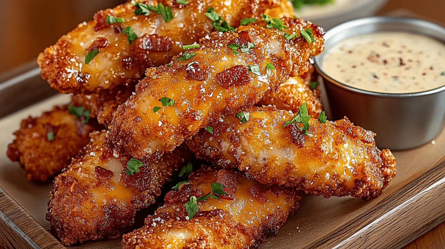 Crispy Crack Chicken Tenders with cheddar and bacon, served with ranch.