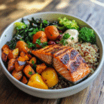GLP-1 recipes for weight loss featuring salmon, vegetables, and quinoa
