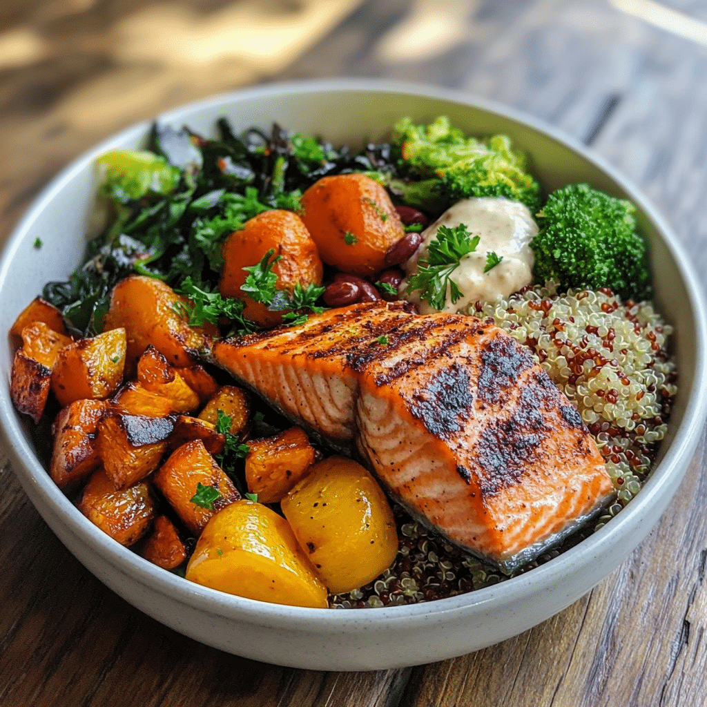 GLP-1 recipes for weight loss featuring salmon, vegetables, and quinoa