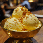 Korean propitious mango ice cream in traditional brass bowl