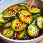 Asian cucumber salad with thin cucumber slices, sesame seeds, and chili flakes in a white bowl on a wooden table.