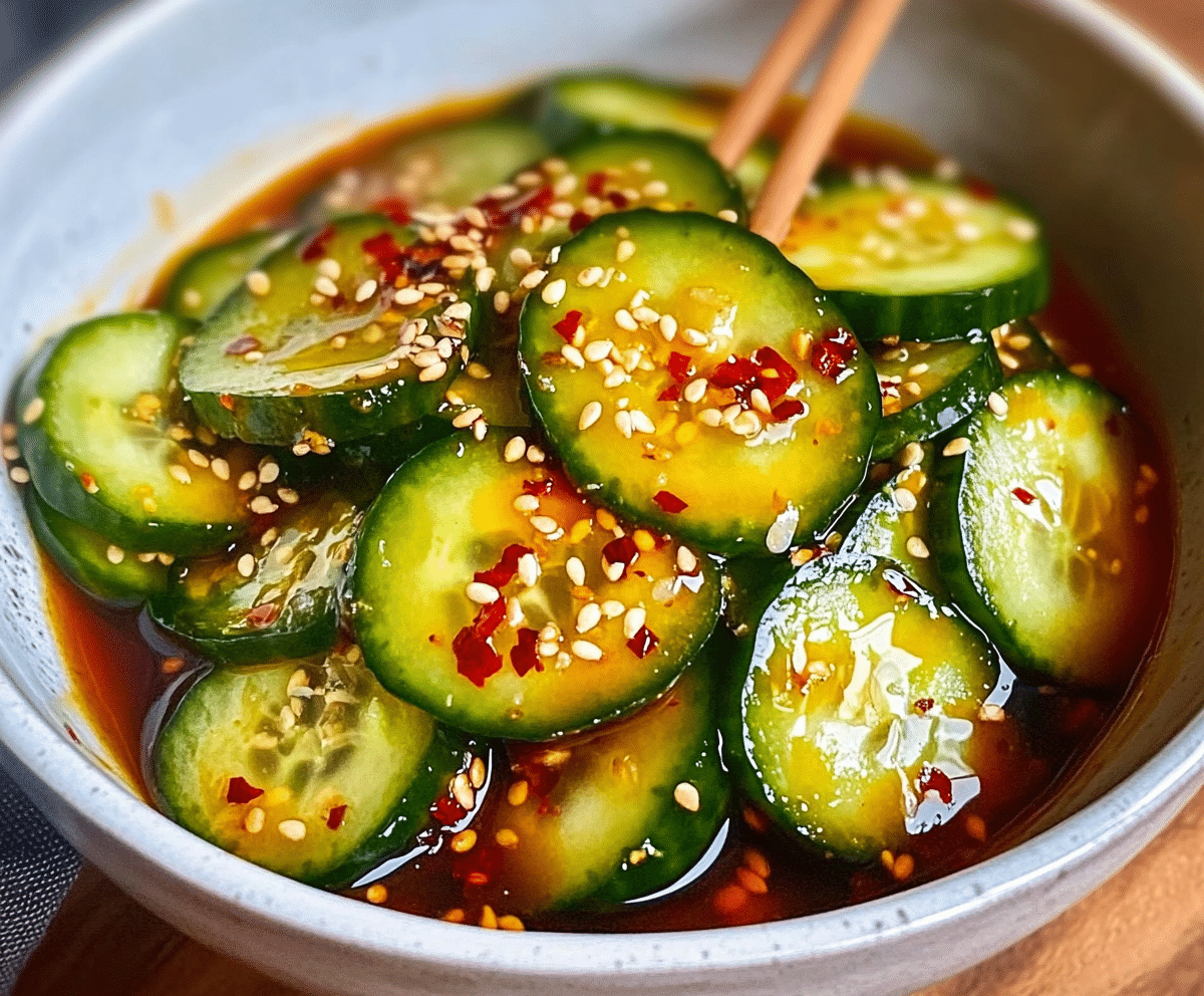 Asian cucumber salad with thin cucumber slices, sesame seeds, and chili flakes in a white bowl on a wooden table.