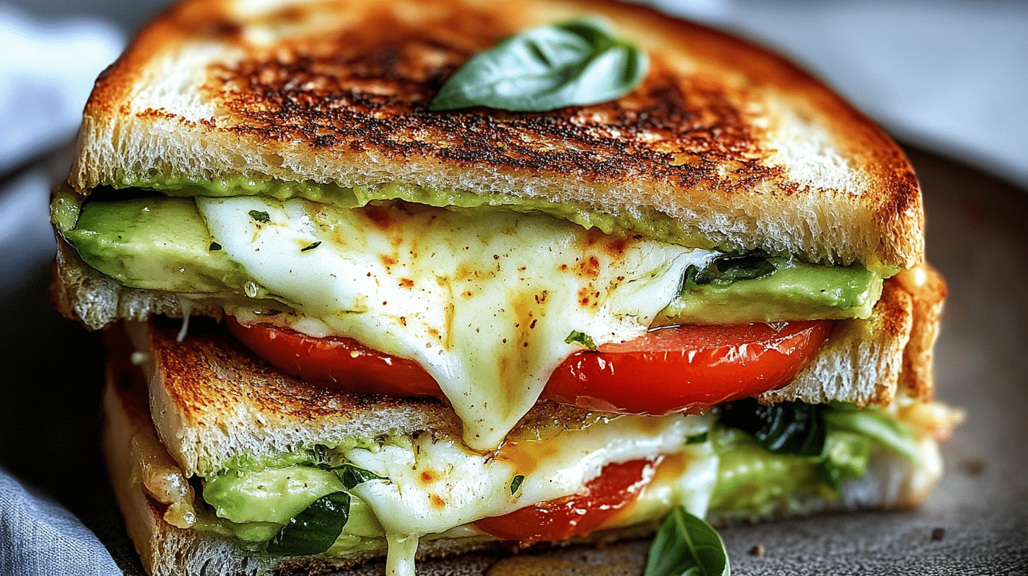 Avocado mozzarella and tomato grilled cheese sandwich sliced open with melted cheese and crispy golden bread