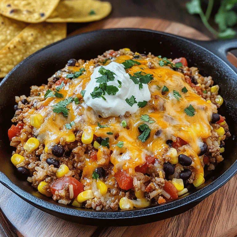 Cheesy fiesta taco rice in a cast iron skillet with beef, melted cheese, beans, and cilantro