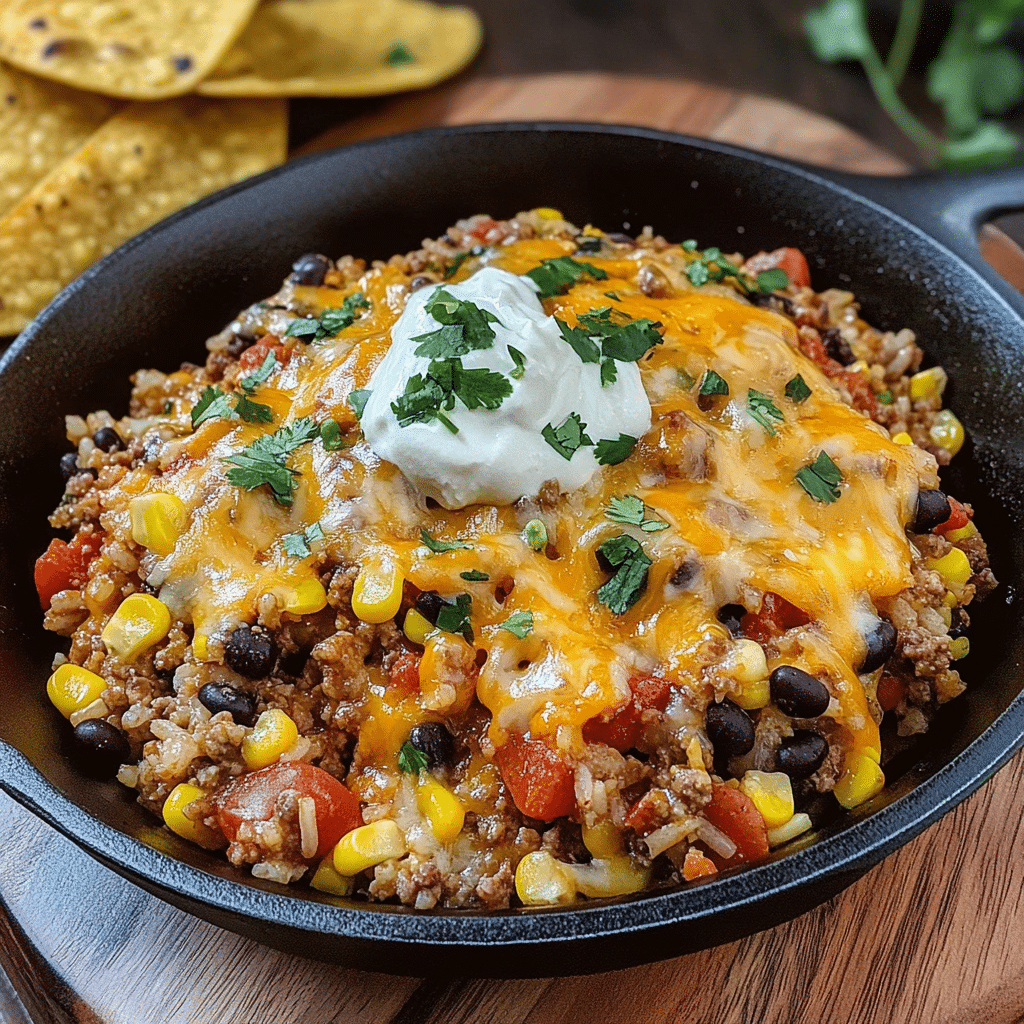 Cheesy fiesta taco rice in a cast iron skillet with beef, melted cheese, beans, and cilantro