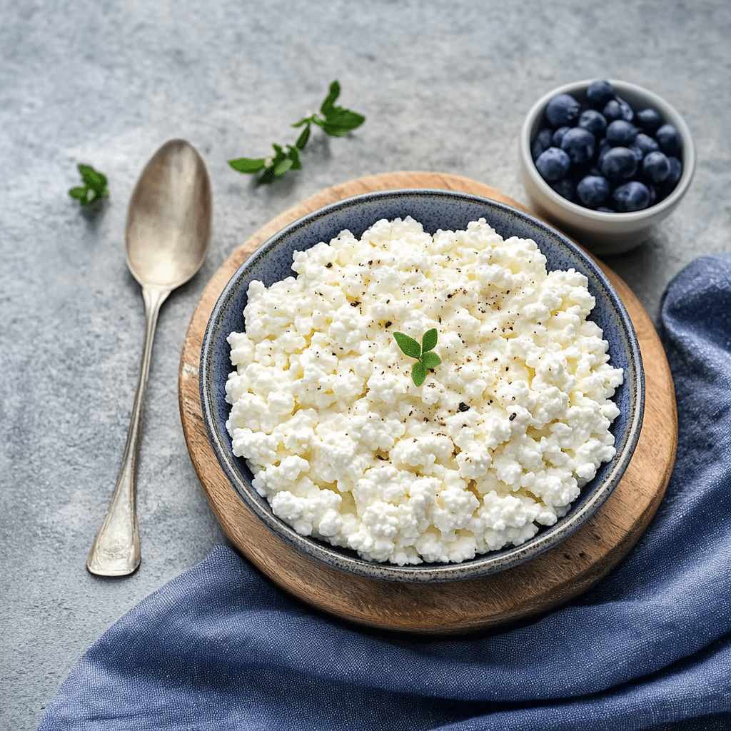 Bowl of light and creamy low fat cottage cheese with herbs and pepper on a rustic board